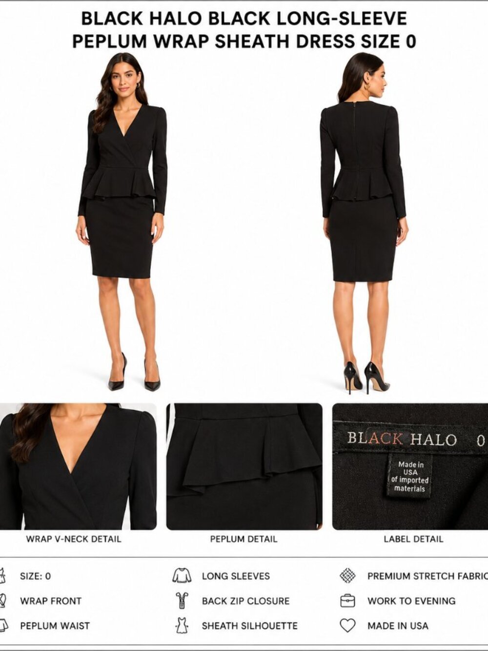 BLACK HALO BLACK PEPLUM WRAP SHEATH DRESS 0